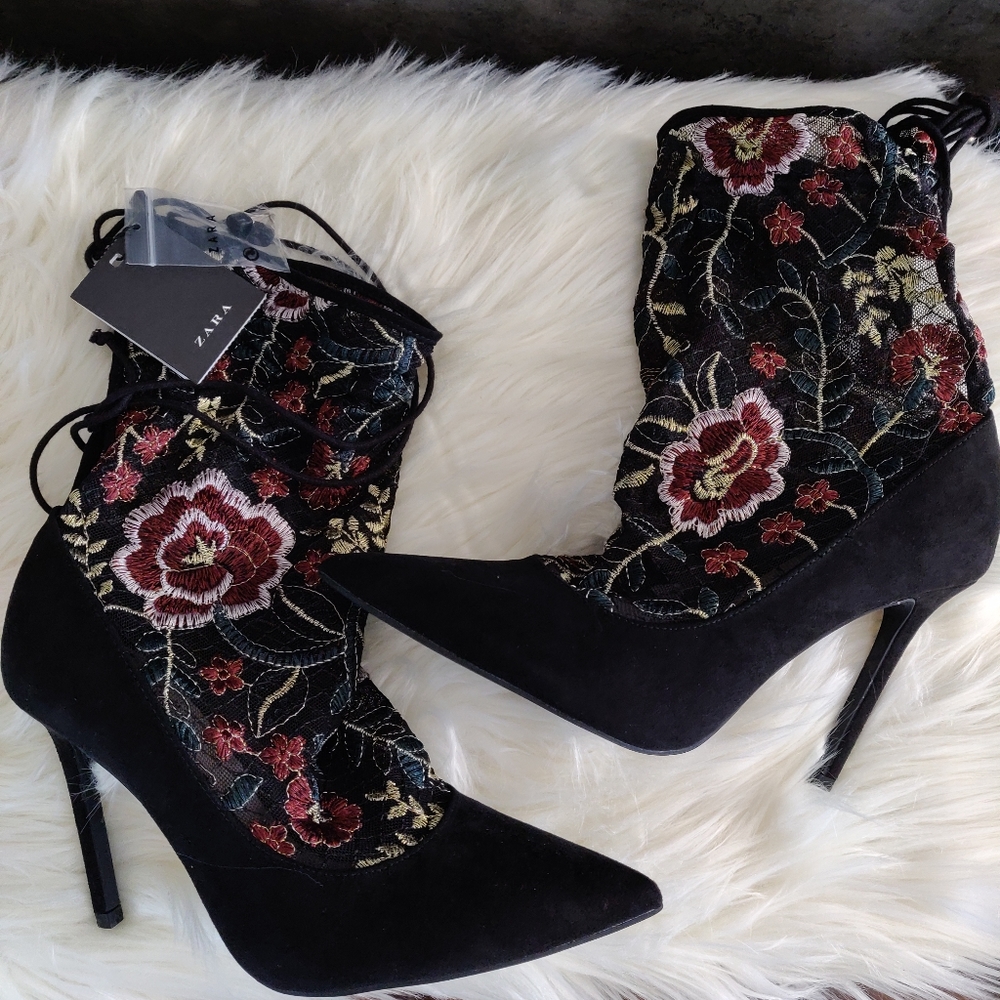 ZARA Lace Insert Heeled Booties